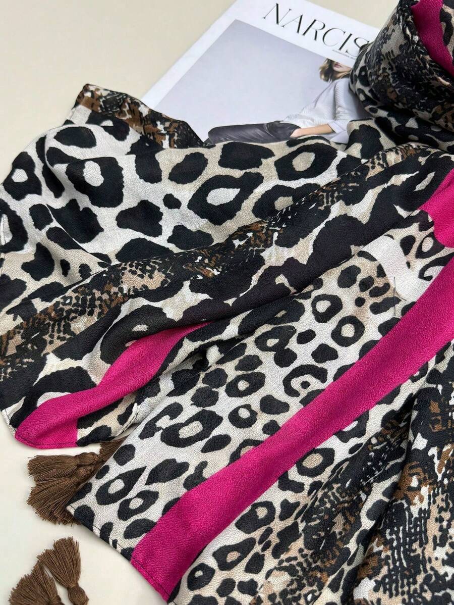 1pc Simple Leopard Print Square Hijab, Elegant Women's Silk Scarf with Tassels, Sun Protection Scarf for Autumn and Winter