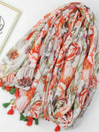 وشاح/لفافة شاطئية مزينة بشرابات وطبعة زهور، قطعة واحدة، مناسبة لفصلي الربيع والخريف. 