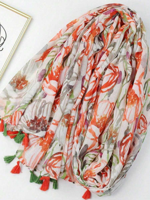 وشاح/لفافة شاطئية مزينة بشرابات وطبعة زهور، قطعة واحدة، مناسبة لفصلي الربيع والخريف. 