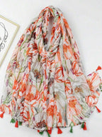 وشاح/لفافة شاطئية مزينة بشرابات وطبعة زهور، قطعة واحدة، مناسبة لفصلي الربيع والخريف. 