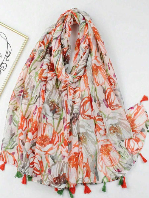 وشاح/لفافة شاطئية مزينة بشرابات وطبعة زهور، قطعة واحدة، مناسبة لفصلي الربيع والخريف. 