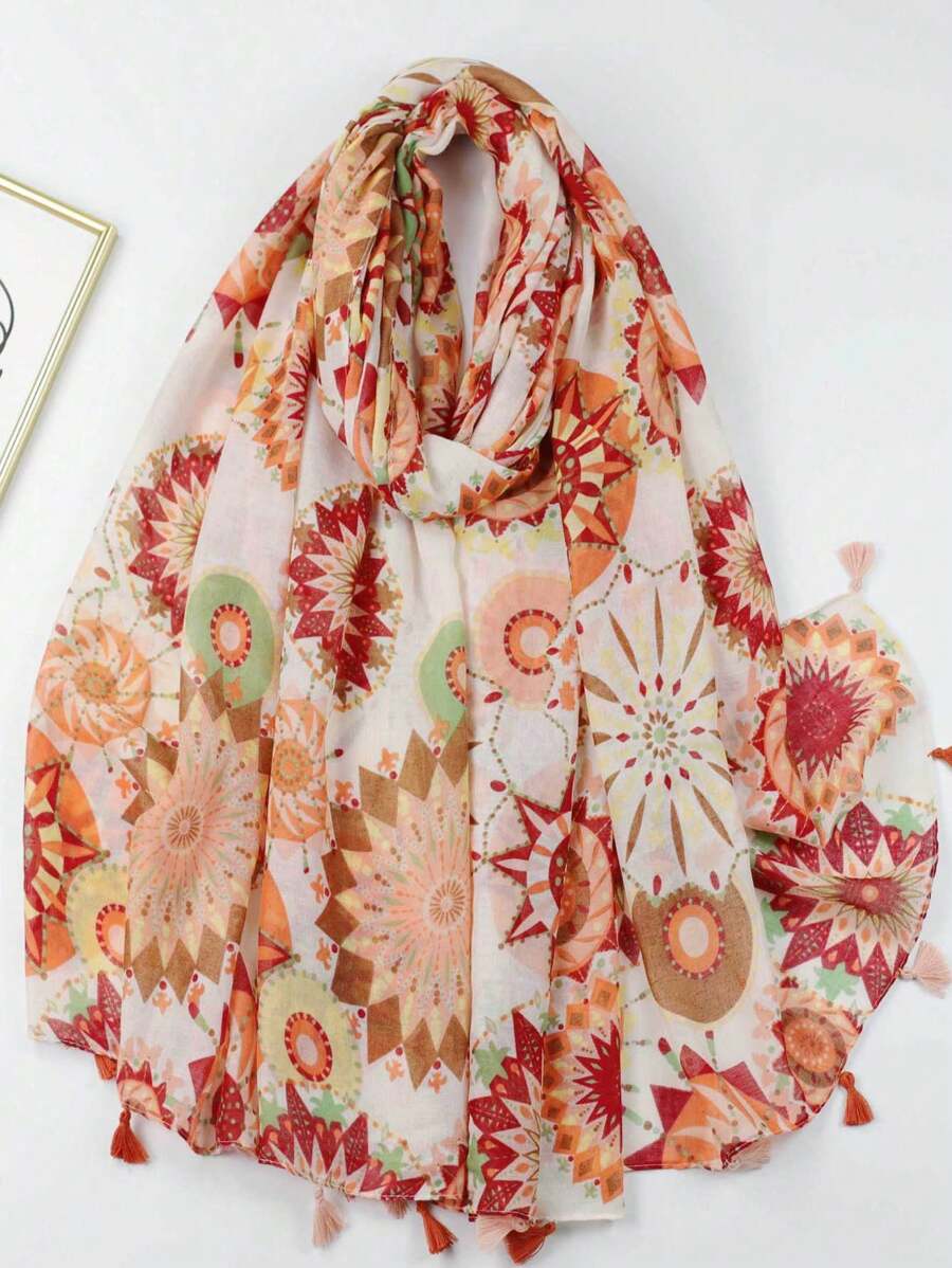 1-Piece Floral Print Scarf with Tassel Edges