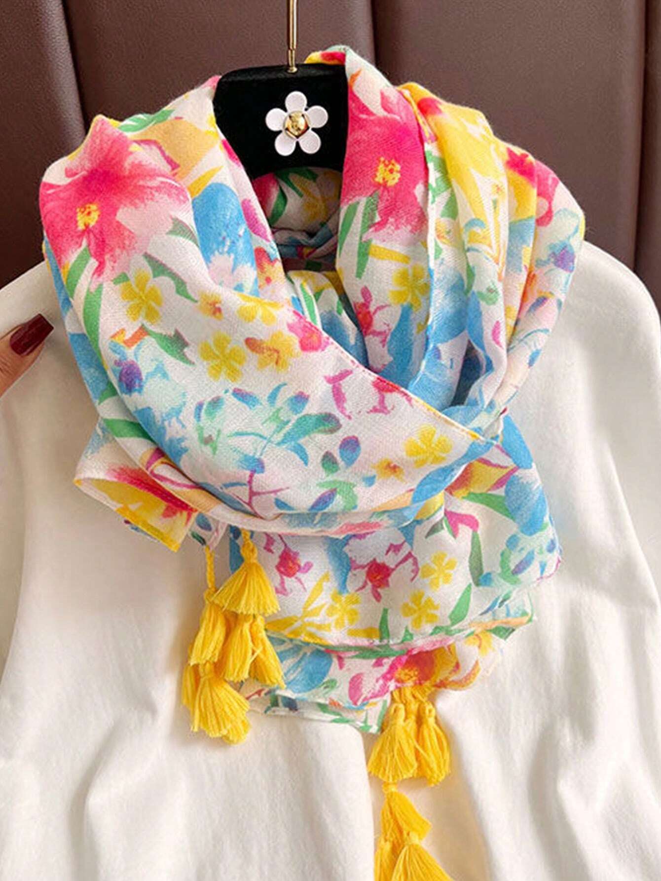 Women's Modern Printed Linen Cotton Scarf, Warm Sunscreen Beach Scarf, Neck Gaiter, Ladies Yellow