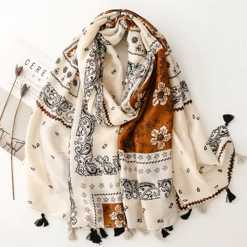Bohemia Style Classic Hook Flower Color Block Printed Shawls 180*90cm Soft Cotton Hand-feelings Viscose Foulard Muslim Hijabs