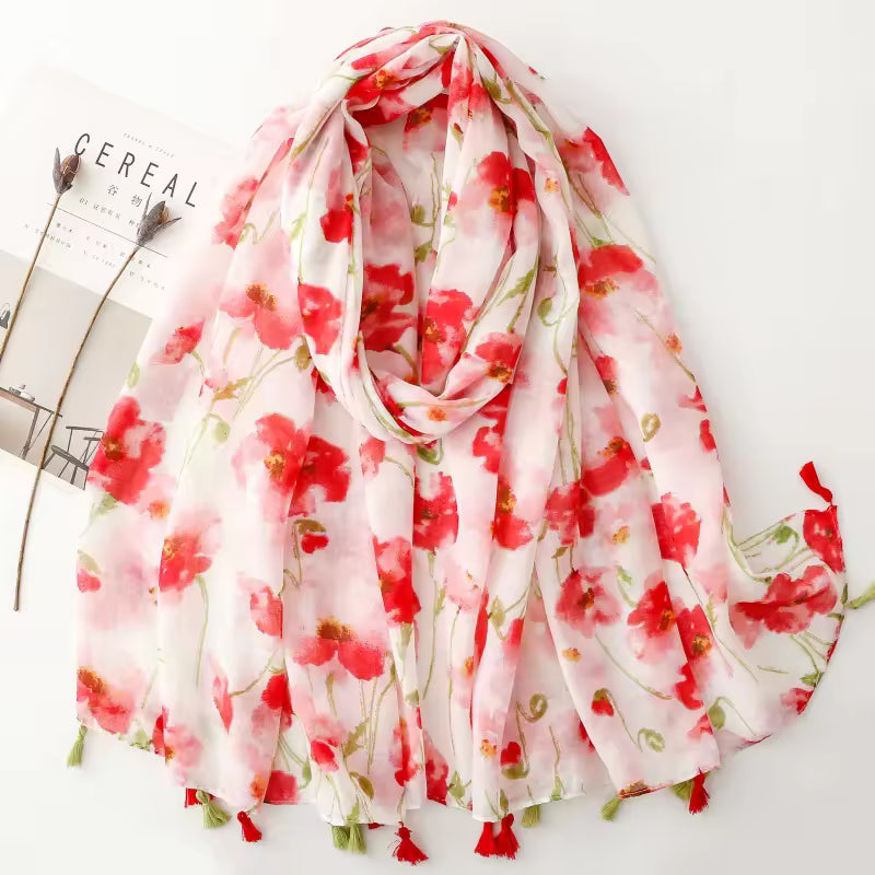 Hot Sale New Flower Printed Long Scarf 180*90cm Soft Thin Viscose Shawl Cotton Voile with Tassel Sweet Summer Ladies Headscarf