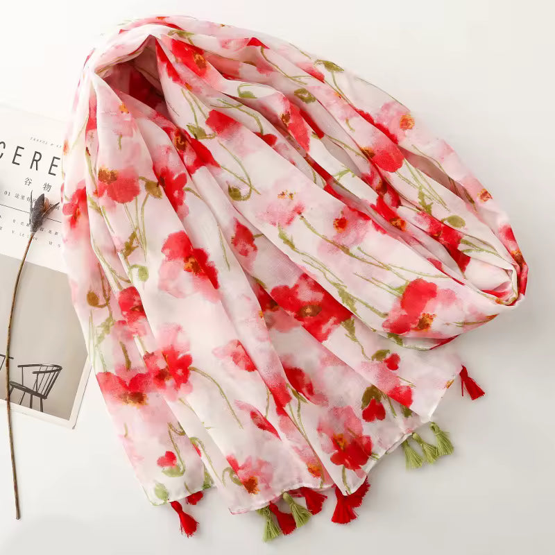 Hot Sale New Flower Printed Long Scarf 180*90cm Soft Thin Viscose Shawl Cotton Voile with Tassel Sweet Summer Ladies Headscarf