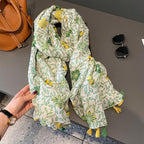 Manufacturer Europe New Spring Green Leaf Flower Pattern Shawls for Women Long Large Cat Animals Print Stylish Scarf With Tassel