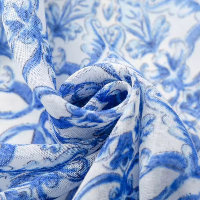 Manufacturer Latest Design Blue Floral Printed Cotton Feel Shawls Hijabs 180*85cm Viscose Scarves with Tassel for Muslim Ladies