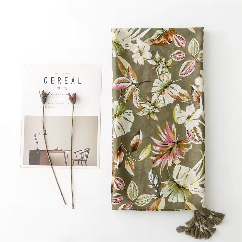 Newest Elegant Leaf Flower Printed Cotton Voile Tassels Scarves Women Olive Green Floral Print Head Wrap Shawls Muslim Hijabs