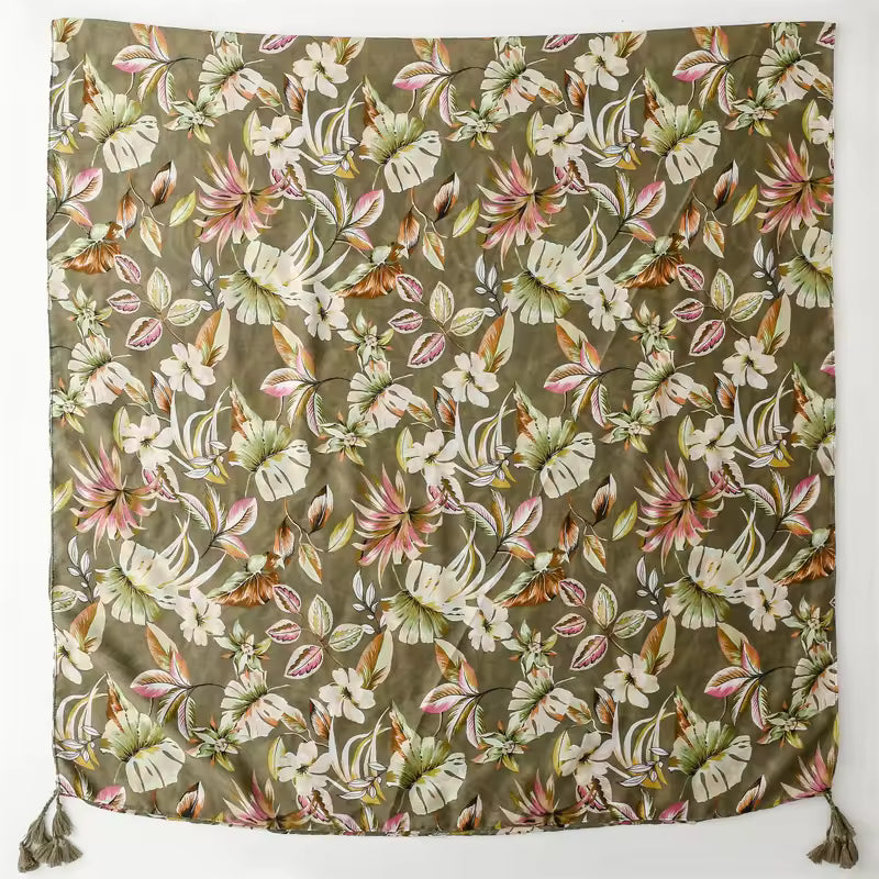 Newest Elegant Leaf Flower Printed Cotton Voile Tassels Scarves Women Olive Green Floral Print Head Wrap Shawls Muslim Hijabs