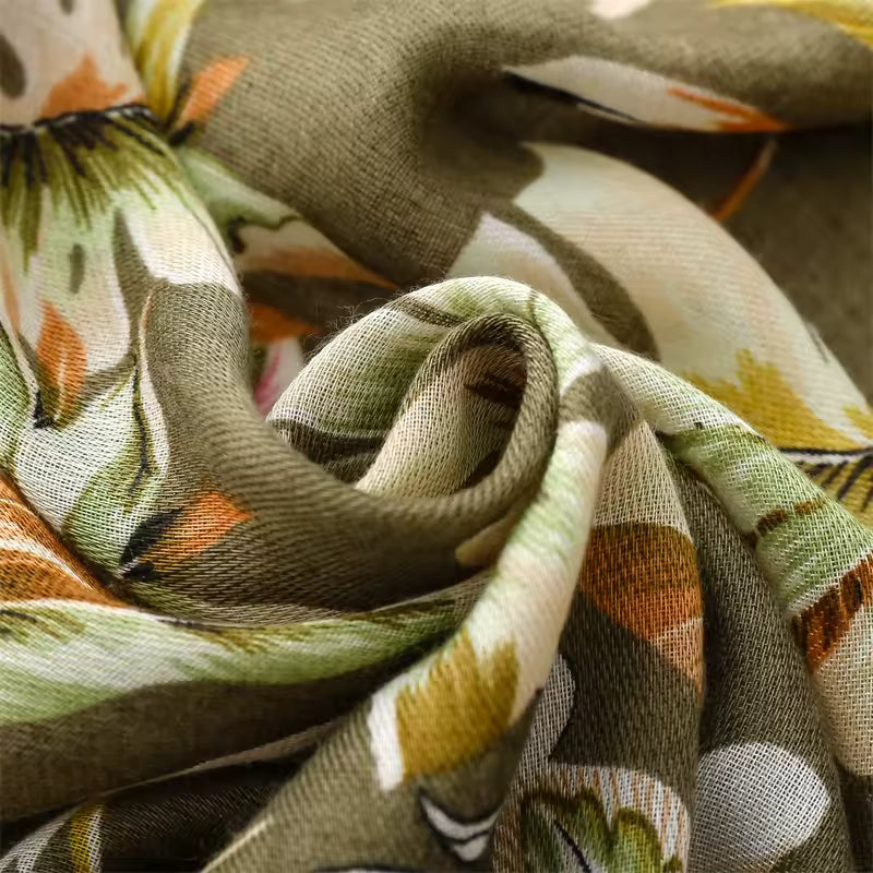 Newest Elegant Leaf Flower Printed Cotton Voile Tassels Scarves Women Olive Green Floral Print Head Wrap Shawls Muslim Hijabs