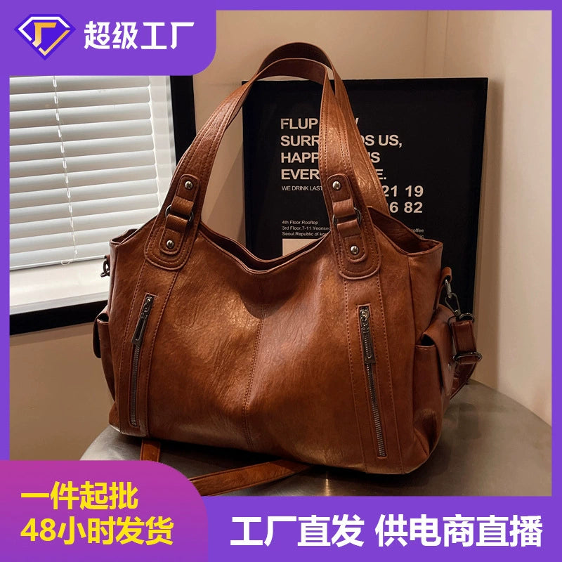 Handbag European and American Retro Pure Color Simple Texture Shoulder Bag Large Capacity Business Trip Commuting Versatile Casual Tote Bag