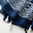 Women's scarf cross-border export silk scarf spring and summer ethnic style blue and white blue and white porcelain ripple geometric Bali yarn tassel shawl