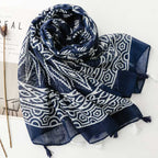Women's scarf cross-border export silk scarf spring and summer ethnic style blue and white blue and white porcelain ripple geometric Bali yarn tassel shawl