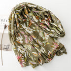 Newest Elegant Leaf Flower Printed Cotton Voile Tassels Scarves Women Olive Green Floral Print Head Wrap Shawls Muslim Hijabs