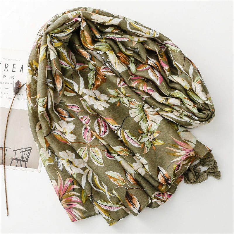 Newest Elegant Leaf Flower Printed Cotton Voile Tassels Scarves Women Olive Green Floral Print Head Wrap Shawls Muslim Hijabs