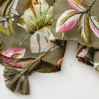 Newest Elegant Leaf Flower Printed Cotton Voile Tassels Scarves Women Olive Green Floral Print Head Wrap Shawls Muslim Hijabs