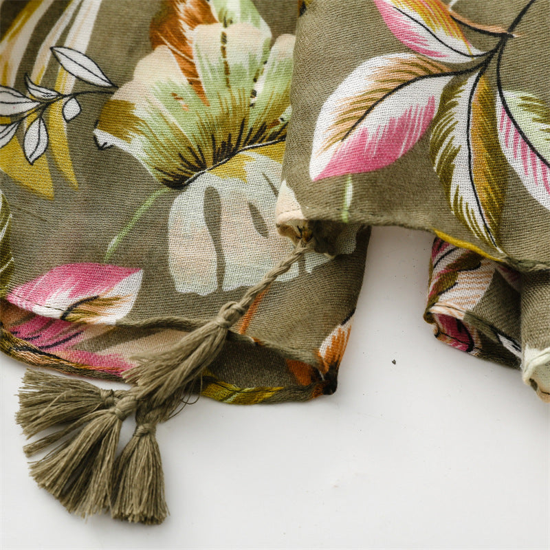 Newest Elegant Leaf Flower Printed Cotton Voile Tassels Scarves Women Olive Green Floral Print Head Wrap Shawls Muslim Hijabs