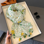 Manufacturer Europe New Spring Green Leaf Flower Pattern Shawls for Women Long Large Cat Animals Print Stylish Scarf With Tassel