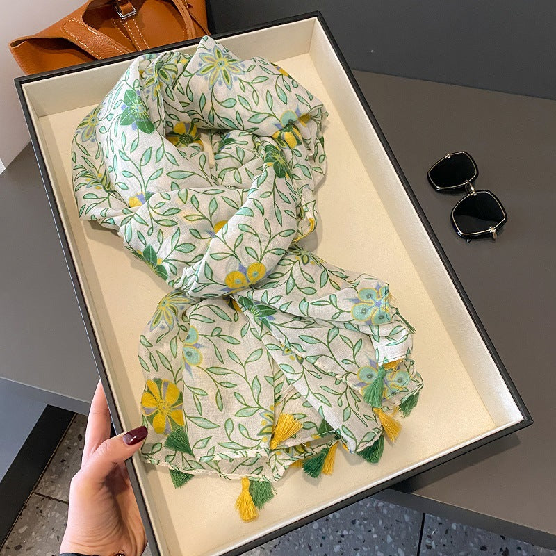 Manufacturer Europe New Spring Green Leaf Flower Pattern Shawls for Women Long Large Cat Animals Print Stylish Scarf With Tassel