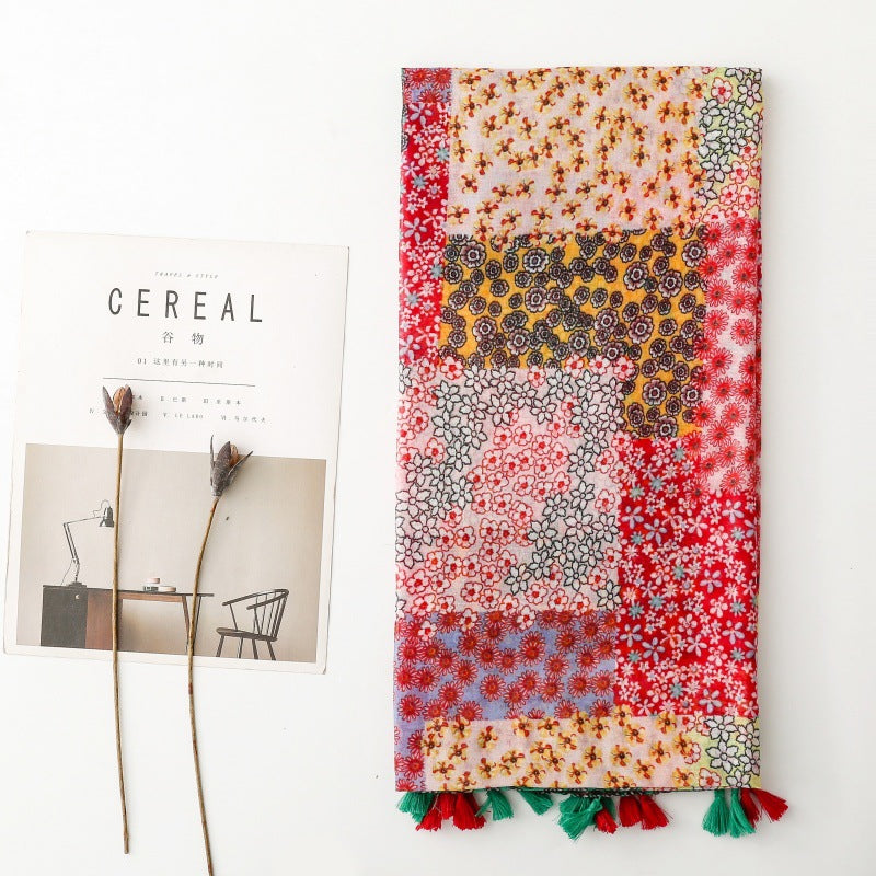 Japanese and Korean exported silk scarves, small fresh Bohemian exotic ethnic style secret garden contrast color matching tassel shawl