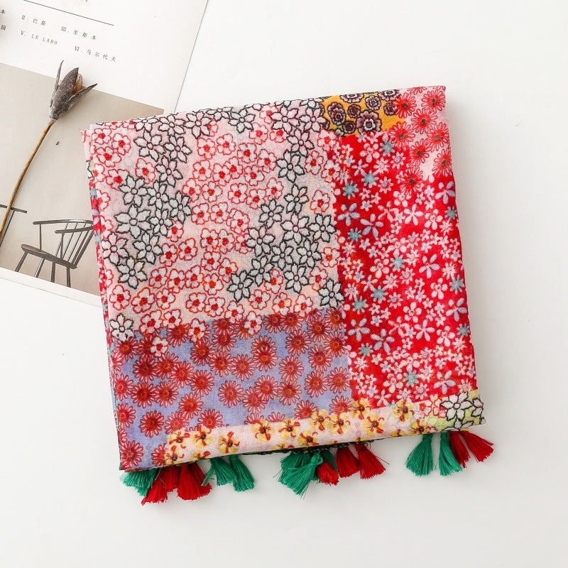 Japanese and Korean exported silk scarves, small fresh Bohemian exotic ethnic style secret garden contrast color matching tassel shawl