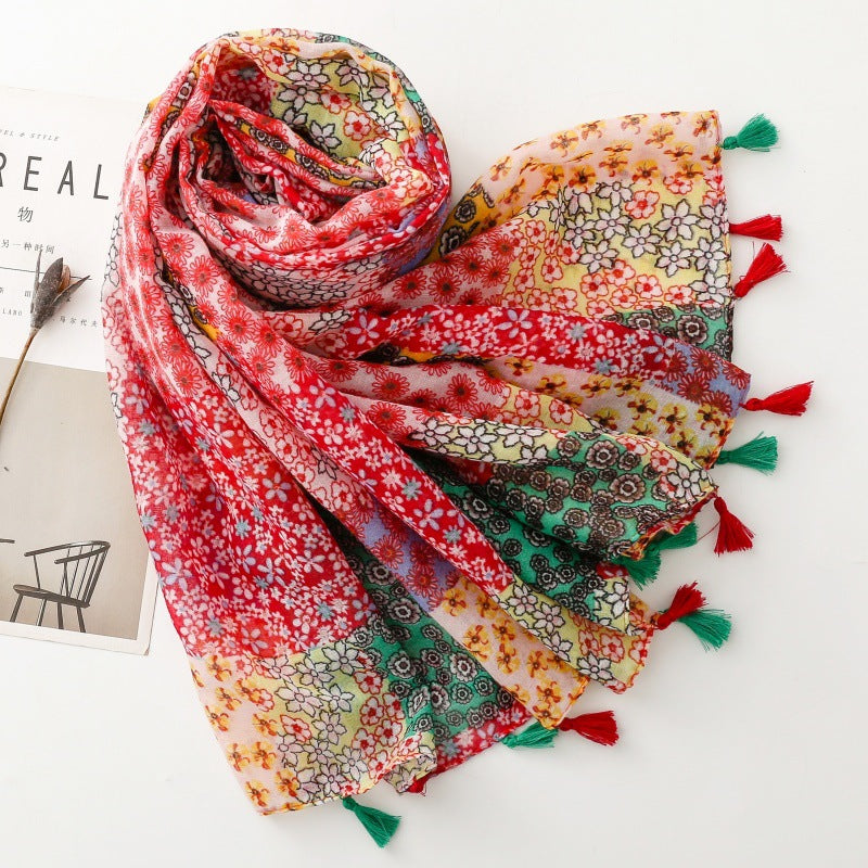Japanese and Korean exported silk scarves, small fresh Bohemian exotic ethnic style secret garden contrast color matching tassel shawl