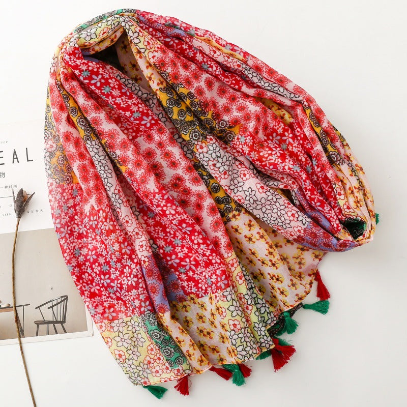 Japanese and Korean exported silk scarves, small fresh Bohemian exotic ethnic style secret garden contrast color matching tassel shawl