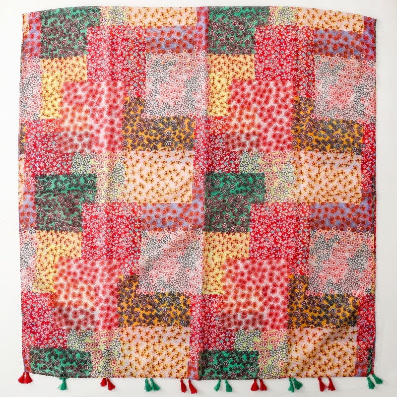 Japanese and Korean exported silk scarves, small fresh Bohemian exotic ethnic style secret garden contrast color matching tassel shawl