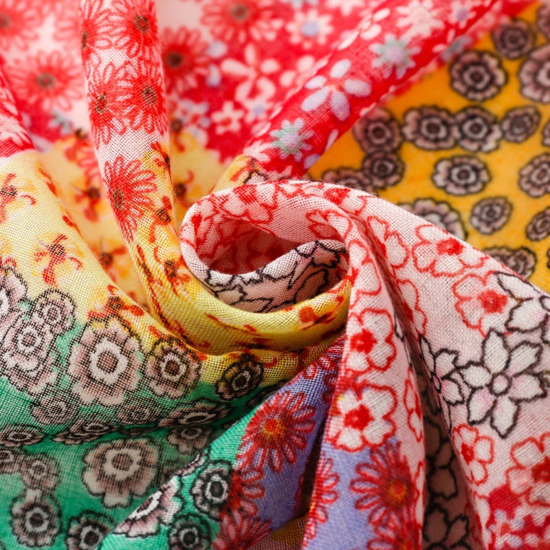 Japanese and Korean exported silk scarves, small fresh Bohemian exotic ethnic style secret garden contrast color matching tassel shawl