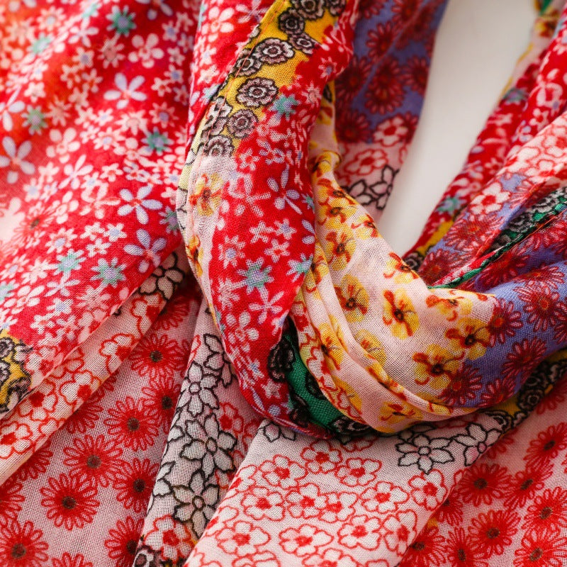 Japanese and Korean exported silk scarves, small fresh Bohemian exotic ethnic style secret garden contrast color matching tassel shawl