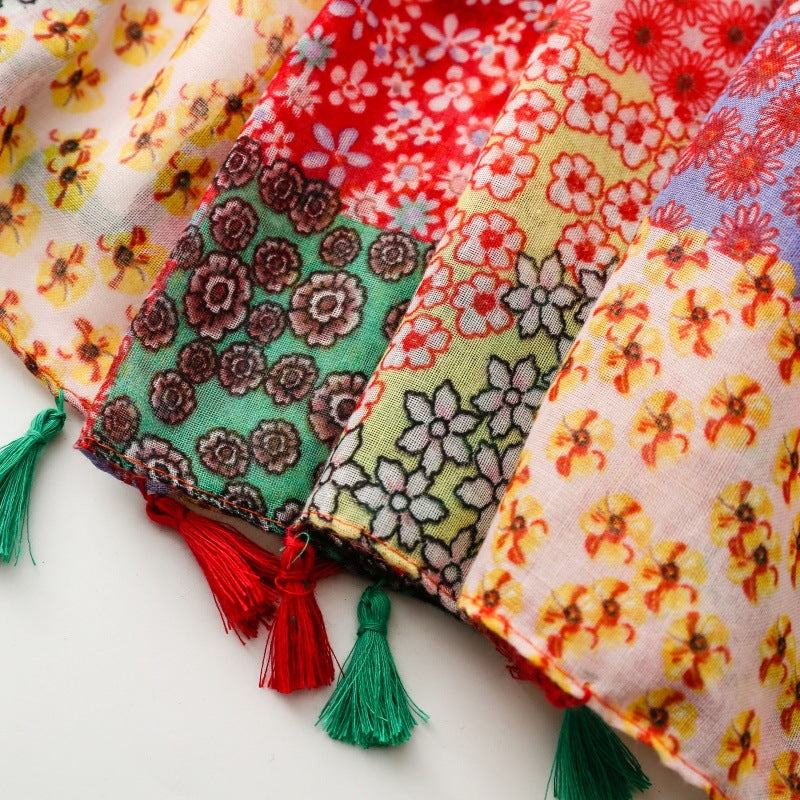 Japanese and Korean exported silk scarves, small fresh Bohemian exotic ethnic style secret garden contrast color matching tassel shawl