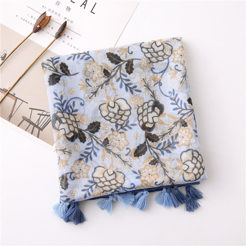 Korean foreign trade scarf autumn and winter retro cotton and linen creative flower all-match national style travel sunscreen shawl silk scarf women