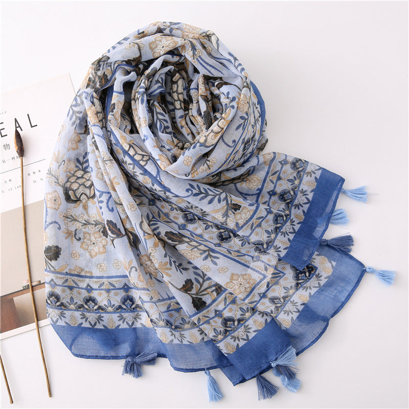 Korean foreign trade scarf autumn and winter retro cotton and linen creative flower all-match national style travel sunscreen shawl silk scarf women