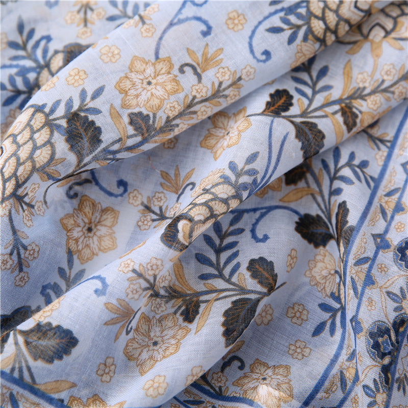 Korean foreign trade scarf autumn and winter retro cotton and linen creative flower all-match national style travel sunscreen shawl silk scarf women