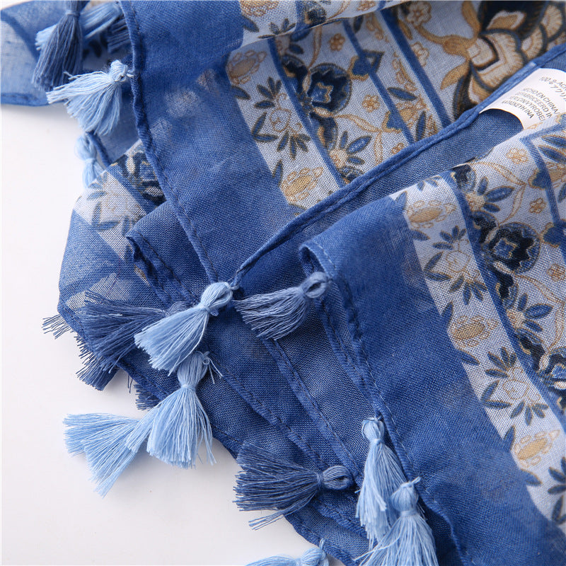 Korean foreign trade scarf autumn and winter retro cotton and linen creative flower all-match national style travel sunscreen shawl silk scarf women