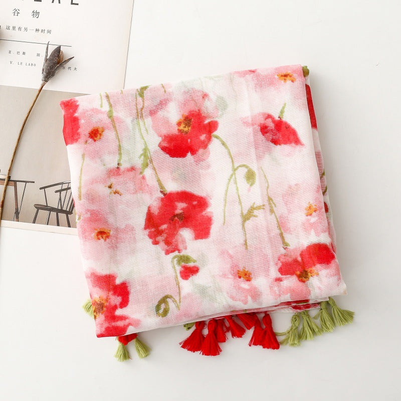 Hot Sale New Flower Printed Long Scarf 180*90cm Soft Thin Viscose Shawl Cotton Voile with Tassel Sweet Summer Ladies Headscarf