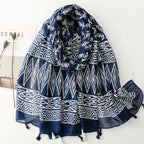 Women's scarf cross-border export silk scarf spring and summer ethnic style blue and white blue and white porcelain ripple geometric Bali yarn tassel shawl
