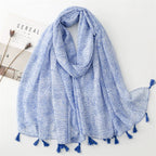 Korean style small fresh blue line cotton and linen feel sunscreen scarf women's travel beach towel long tassel large gauze scarf