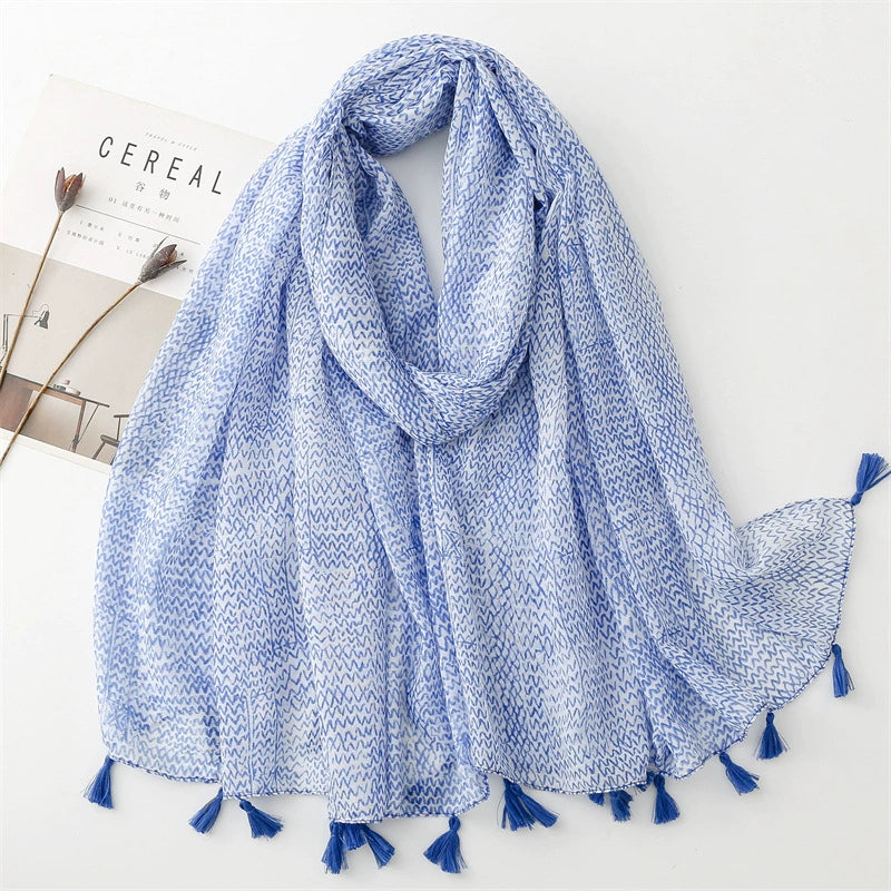 Korean style small fresh blue line cotton and linen feel sunscreen scarf women's travel beach towel long tassel large gauze scarf