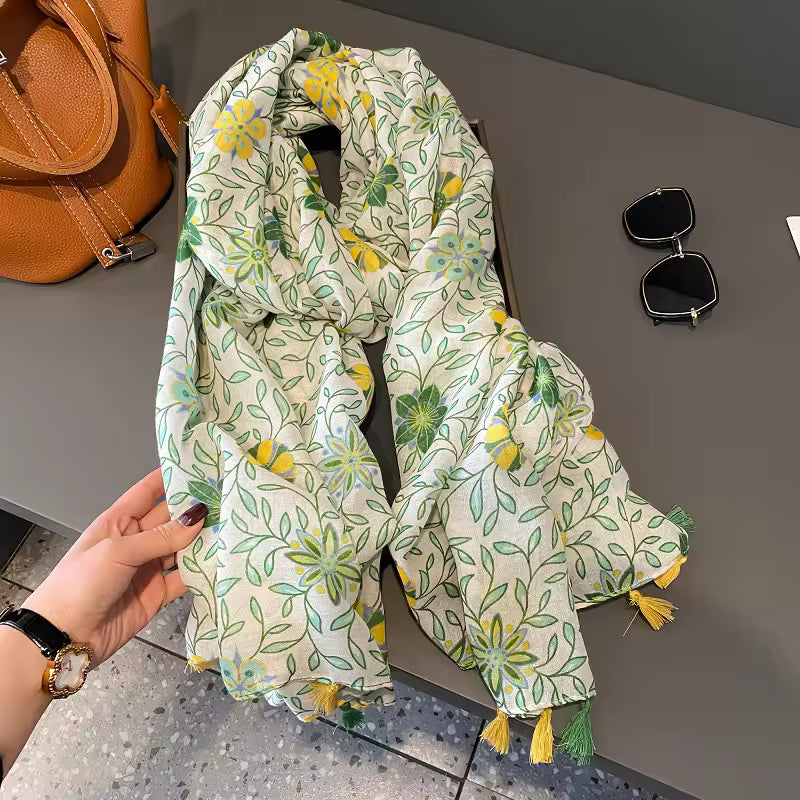 Manufacturer Europe New Spring Green Leaf Flower Pattern Shawls for Women Long Large Cat Animals Print Stylish Scarf With Tassel