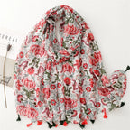 Yitao scarf cotton and linen feel Bali yarn thin spring and summer red and green color matching flowers fresh and sweet fashion shawl women