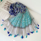 Spring and autumn cotton and linen feel decorative long headscarf silk scarf thin shawl blue floral cotton and linen feel tassel scarf