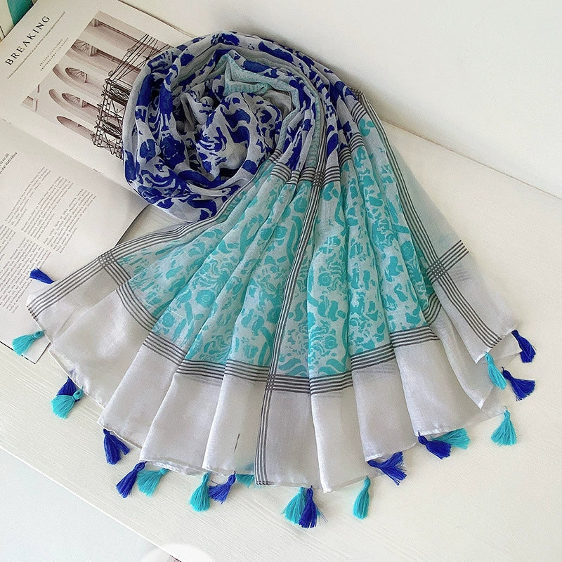 Spring and autumn cotton and linen feel decorative long headscarf silk scarf thin shawl blue floral cotton and linen feel tassel scarf