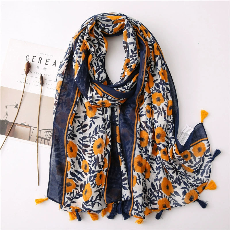 Japanese style literary and artistic small fresh cotton and linen scarf retro splicing Bohemian cashew print silk scarf beautiful sunscreen towel
