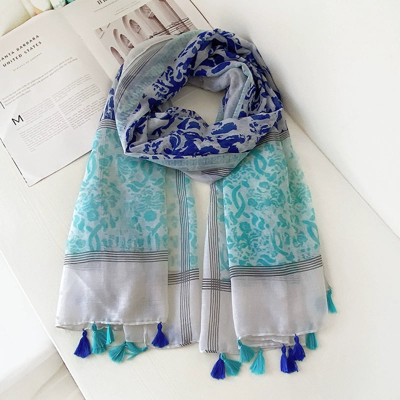 Spring and autumn cotton and linen feel decorative long headscarf silk scarf thin shawl blue floral cotton and linen feel tassel scarf