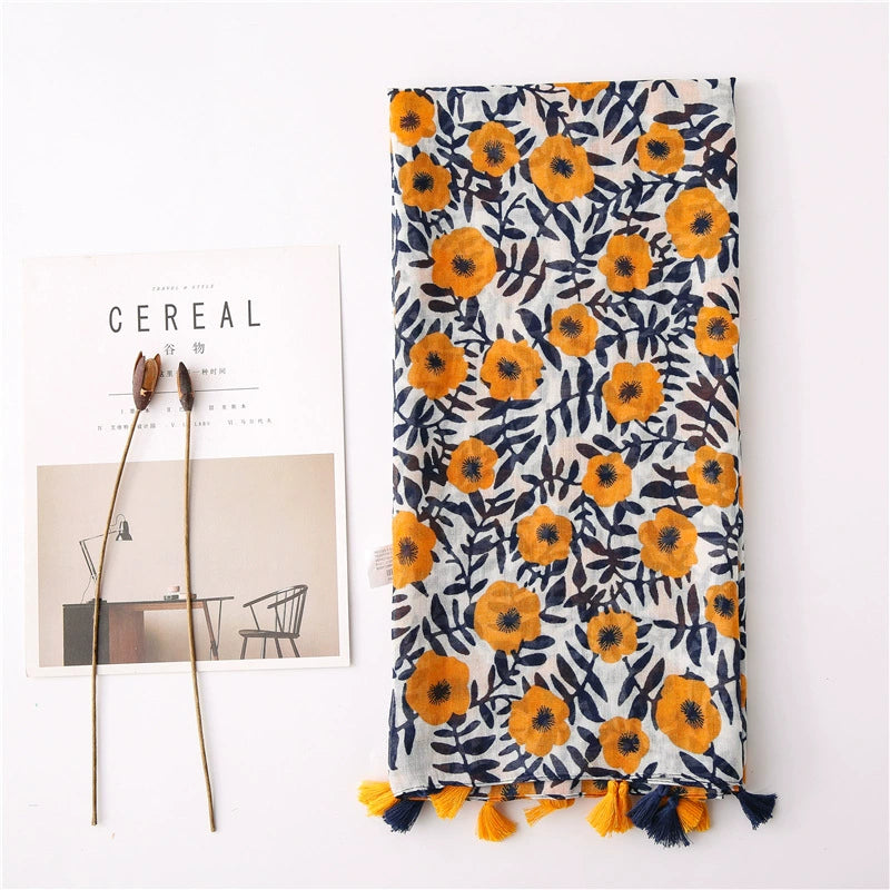 Japanese style literary and artistic small fresh cotton and linen scarf retro splicing Bohemian cashew print silk scarf beautiful sunscreen towel