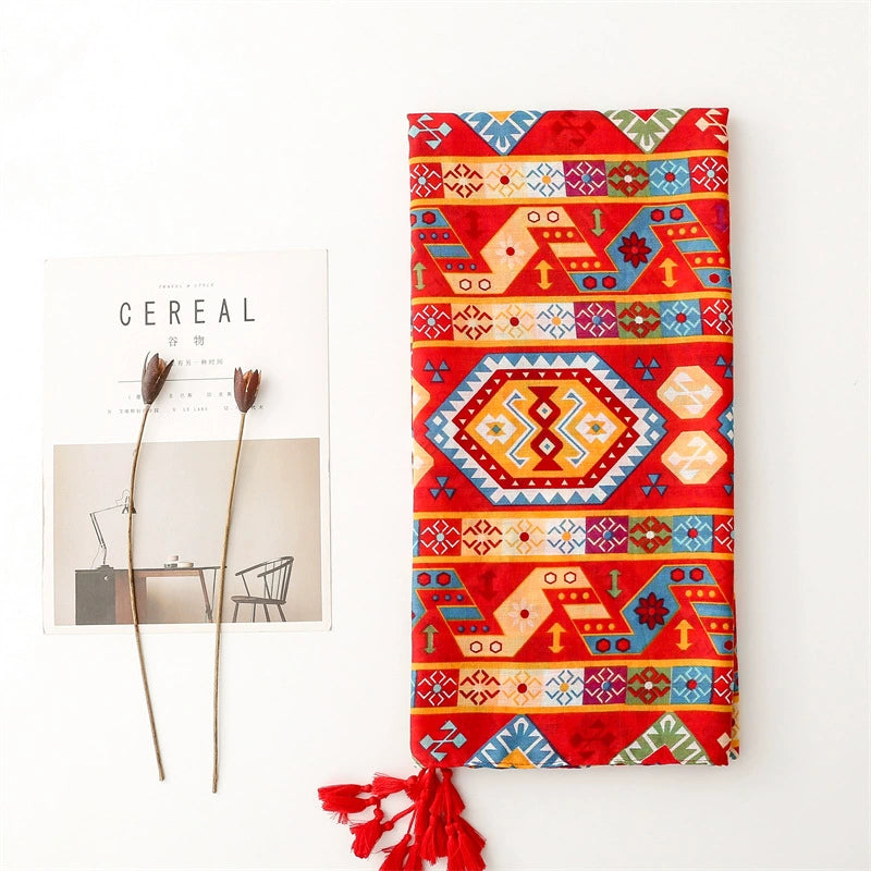 Yitao scarf retro ethnic style red Bohemian personality travel sunscreen shawl cotton and linen feel silk scarf women
