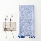 Korean style small fresh blue line cotton and linen feel sunscreen scarf women's travel beach towel long tassel large gauze scarf