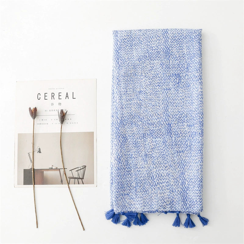 Korean style small fresh blue line cotton and linen feel sunscreen scarf women's travel beach towel long tassel large gauze scarf